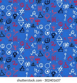 Vector geometric pattern with alchemy symbols and shapes. Abstract occult and mystic signs. Tarot cards back design in deep blue color. Magic print and astrology background. Modern ancient manuscript