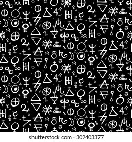 Vector geometric pattern with alchemy symbols and shapes in medium size. Abstract occult and mystic signs. Back of tarot cards design in black and white colors. Magic print and astrology background