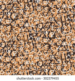 Vector geometric pattern with big alchemy symbols and shapes. Abstract occult, mystic planets signs on parchment. Back of tarot cards design. Magic print and astrology background. Ancient manuscript