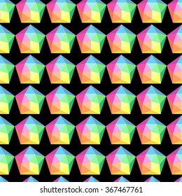 Vector geometric pattern: colorful polyhedrons with 3D effect on black background. Seamless pattern can be used for wallpaper, pattern fills, web page background,surface textures.