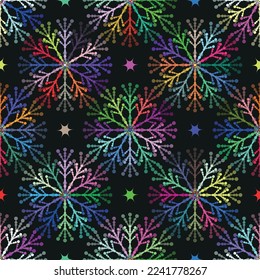 Vector geometric pattern with colorful snowflakes and stars on a dark background
