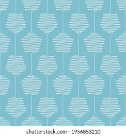 Vector Geometric Pattern with Connected Scribbled upside down Pentagons.Seamless Stripes of White Pentagons on Light Blue Background.