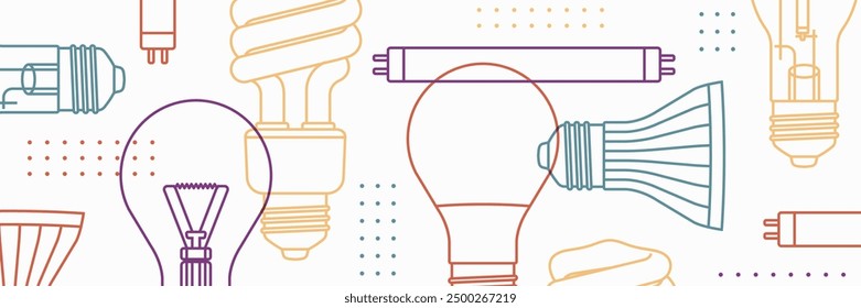 Plantilla de diseño de patrón geométrico de Vector con diferentes tipos de bombillas sobre fondo blanco. Anuncio, telón de fondo o Fondo de pantalla de estilo plano simple moderno mínimo