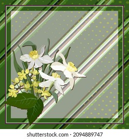Vector geometric pattern, diagonal stripe with a of daffodils on a light green background, for fabric design, tile, scarf, hijab.