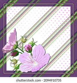 Vector geometric pattern, diagonal stripe with pink flowers close-up a of on a white-violet background, for fabric design, tile, scarf, hijab.
