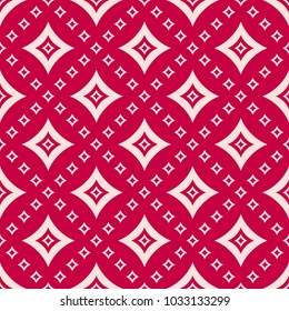 Vector geometric pattern with diamond shapes, big and small outline rhombuses, stars, curved squares. Abstract modern seamless texture in elegant colors, red and light pink. Stylish repeat background