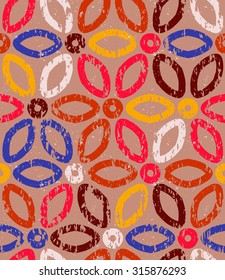 Vector geometric pattern with floral motifs and multicolored simple basic flowers. Colorful texture in art deco style. Seamless background or wallpaper in 1970s fashion. Bold print with rounded shapes