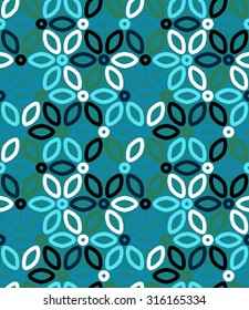 Vector geometric pattern with floral motifs and multicolored simple basic flowers. Colorful texture in art deco style. Seamless background or wallpaper in 1970s fashion. Bold print with rounded shapes