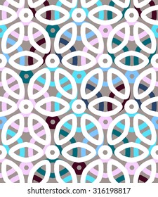 Vector geometric pattern with floral motifs and multicolored simple basic flowers. Colorful texture in art deco style. Seamless background or wallpaper in 1970s fashion. Bold print with rounded shapes