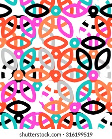 Vector geometric pattern with floral motifs and multicolored simple basic flowers. Colorful texture in art deco style. Seamless background or wallpaper in 1970s fashion. Bold print with rounded shapes