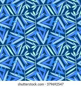 Vector geometric pattern with floral motifs, rotating palm or bamboo leaves. Seamless background in vintage style of 1960s in blue color. Old fashion textile print