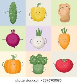 Vector geometric pattern with food cute funny characters. Cartoon trendy vegetables pattern in a checkered background. Flat illustration