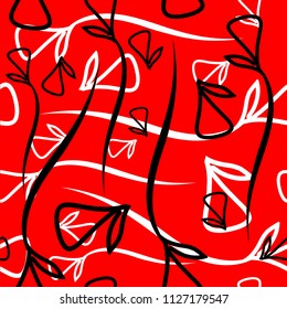 Vector geometric pattern of plant white and black elements on a red background. For design of fabric or objects of design of natural products.
