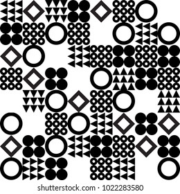 Vector geometric pattern. Seamless abstract black and white graphic tile pattern with square, circle, triangle and line ornaments. Simple modern seamless beackground