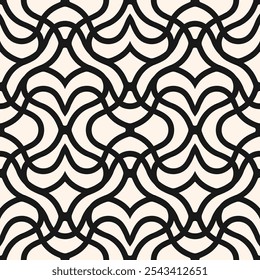 Vector geometric pattern. Seamless texture in oriental style. Abstract monochrome ornament with curved lines, lattice, grid, heart shapes. Black and white ornamental background. Repeating geo design