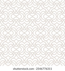 Vector geometric pattern. Seamless texture in oriental style. Abstract subtle ornament with curved lines, lattice, grid, heart shapes. Beige and white ornamental background. Repeat modern geo design