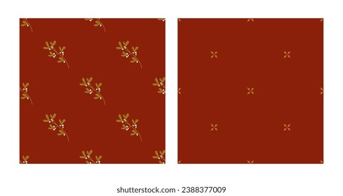 Vector geometric pattern set with mistletoe. Festive ornament in retro style. Christmas simple seamless abstract texture