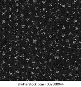 Vector geometric pattern with small alchemy symbols, shapes, planets logos. White abstract occult and mystic signs on black textured background. Tarot cards back design. Magic  and astrology print