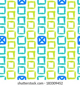 Vector geometric pattern with small hand painted squares placed in zigzag lines in bright white, green and blue 