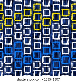 Vector geometric pattern with small hand painted squares placed in zigzag lines in bright yellow, white and blue colors