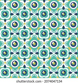 Vector geometric pattern with stylized turquoise flowers on a white background. Ornament for textiles, packaging, templates, surfaces on the themes of nature, gardening, floristry.