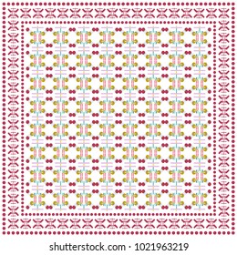 Vector geometric pattern for textile fabric or paper print. Tribal ethnic ornament with frame border. Bandana shawl, tablecloth, silk neck scarf, kerchief design. Colored fashion illustration