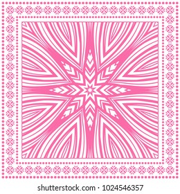Vector geometric pattern for textile fabric or paper print. Tribal ethnic ornament with frame border. Bandana shawl, tablecloth, silk neck scarf, kerchief design. Colored fashion illustration