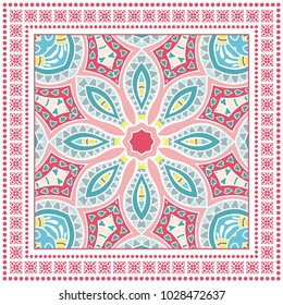 Vector geometric pattern for textile fabric or paper print. Tribal ethnic ornament with frame border. Bandana shawl, tablecloth, silk neck scarf, kerchief design. Colored fashion illustration