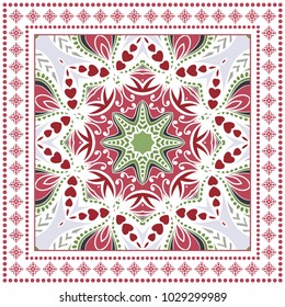 Vector geometric pattern for textile fabric or paper print. Tribal ethnic ornament with frame border. Bandana shawl, tablecloth, silk neck scarf, kerchief design. Colored fashion illustration