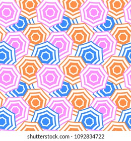 Vector geometric pattern with top view striped umbrellas. Colorful bold print with geometric shapes and stripes. Seamless background in bright colors for spring summer fashion and modern home decor