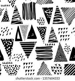 Vector geometric pattern with triangles on. Abstract black and white  seamless wallpaper