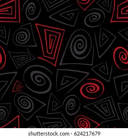 Vector geometric pattern with triangular and square spirals on black background. Seamless pattern can be used for wallpaper, pattern fills, web page background,surface textures.