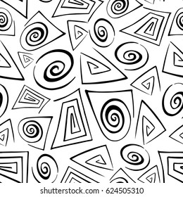 Vector geometric pattern with triangular and square black spirals on white background. Seamless pattern can be used for wallpaper, pattern fills, web page background,surface textures.