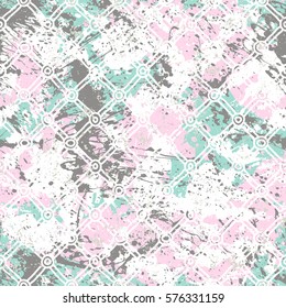 vector geometric pattern in vintage shabby chic retro style on pink watercolor splatter. Geometric print with cross lines, stripe and diamond shape for spring summer fashion. Small abstract background