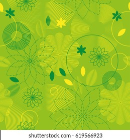 Vector geometric pattern. Yellow flowers, circles and leaves made of lines and dots on green background.