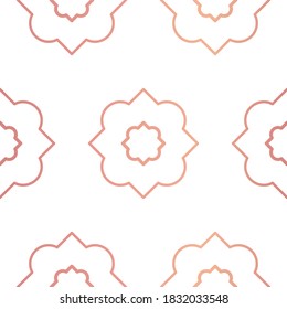 Peonías geométricas vectoriales en gradiente de oro rosa sobre fondo de patrón transparente blanco.