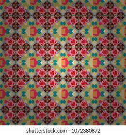 Vector geometric pink, green and blue flat seamless pattern.