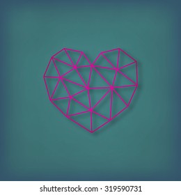Vector geometric pink heart made of triangles on green background. Big icon made of thin line.