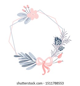Vector geometric polygon frame with bouquet wreath. Christmas template for greeting card. Winter cones, flowers and pink ribbon isolated on white background with place for text