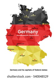 Vector geometric polygonal map of Federal Republic of Germany, painted in the colors of the national flag. Bundesrepublik Deutschland and its capitals of 16 federal states (Bundeslander)