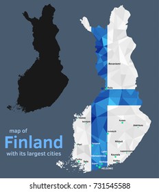 Vector geometric polygonal map of Finland, painted in the colors of the national flag, with Marked its Capital and Largest Cities