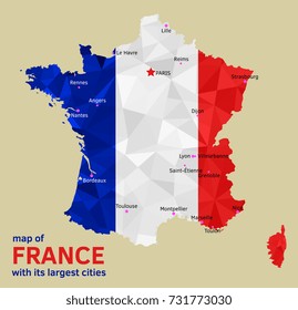 Vector geometric polygonal map of France, painted in the colors of the national flag, with Marked its Capital and Largest Cities