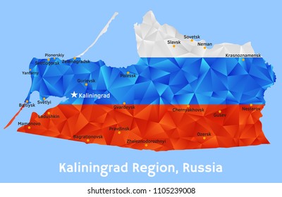 Vector geometric polygonal map of Kaliningrad Region, Russia painted in the colors of the national flag, with Marked Largest Settlements