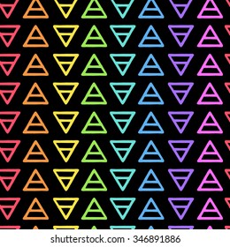 Vector geometric rainbow pattern with colorful triads on black background. Seamless pattern can be used for wallpaper, pattern fills, web page background, surface textures.