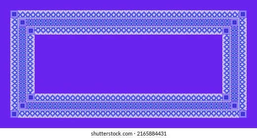 Vector geometric rectangular horizontal frame, bright blue background, monochrome pixel pattern for the design of a scarf, carpet, towel, scheme for embroidery.