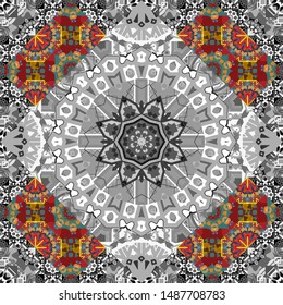 Vector geometric red, gray and blue flat seamless pattern.