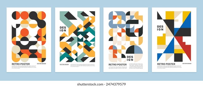 Vector geometric retro banner set. Triangle and circle background for abstract cover. Isolated creative pattern or texture for brochure. Vintage minimal sign or card, poster or flyer, backdrop design