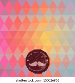 Vector geometric retro ornament made of regular triangles; hipster style, contains mustaches grunge label; dominating violet, rosy and warm yellow colors