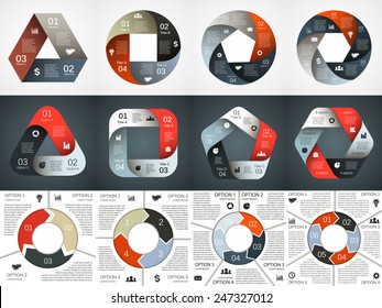 Vector geometric round infographics set. Triangle, square, circle, pentagon and hexagon templates for cycle diagram, graph, presentation and chart. Business concept with 3, 4, 5, 6 options, steps.