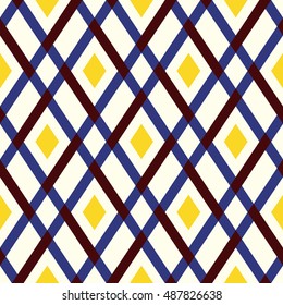 Vector geometric seamless  argyle pattern with lines and tiles in bright yellow, blue, and brown. Modern bold print with diamond shape for fall winter fashion. Vintage plaid background in retro style